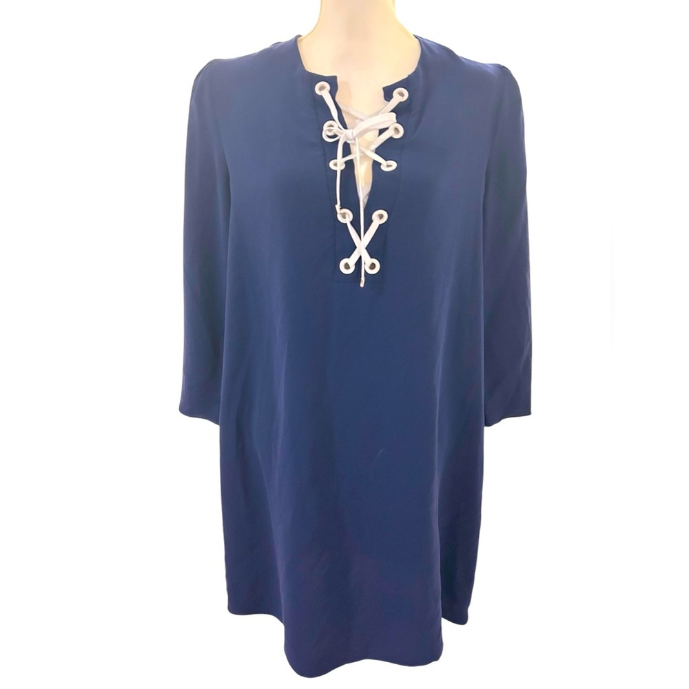 Shoshanna nautical navy blue lace up Nikko mini dress with 3/4 sleeves Size 12 - Picture 2 of 9